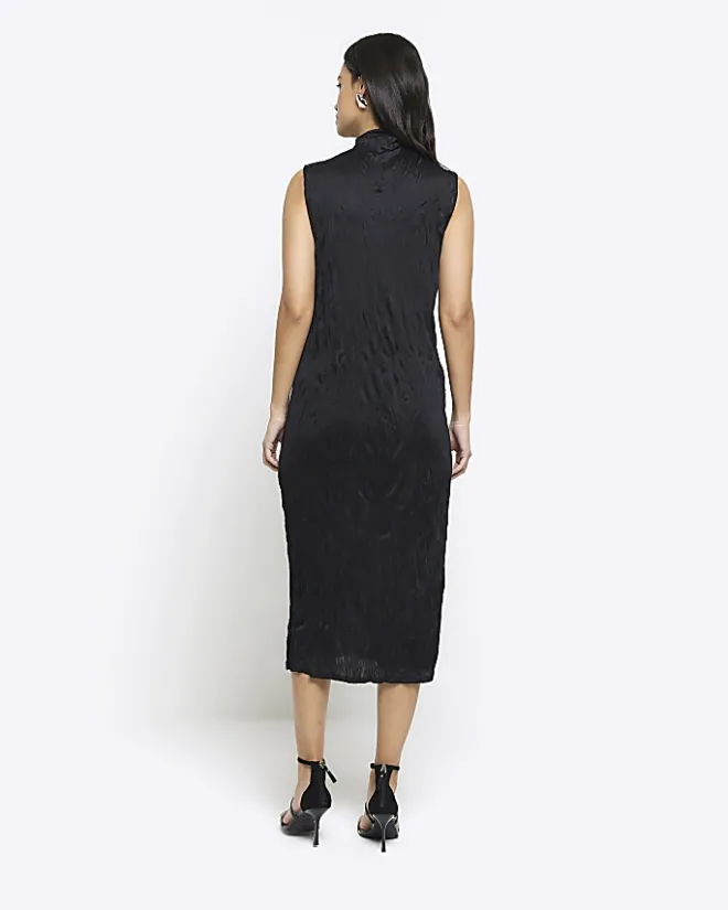 River Island crinkle high neck bodycon midi dress Black Outlet