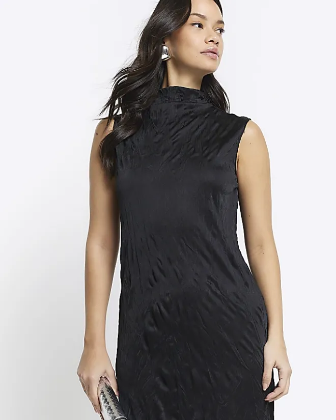 River Island crinkle high neck bodycon midi dress Black Outlet