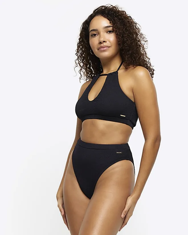 River Island crinkle high waisted bikini bottoms Black Sale