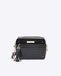 River Island croc embossed chain cross body bag Black New