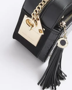 River Island croc embossed chain cross body bag Black New