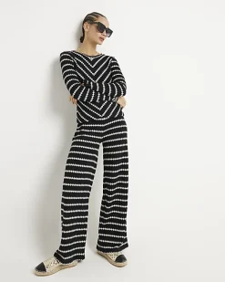 River Island crochet stripe long sleeve top Black Sale