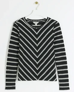 River Island crochet stripe long sleeve top Black Sale