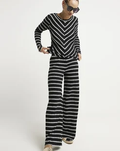 River Island crochet stripe long sleeve top Black Sale