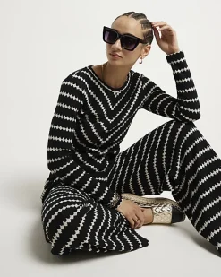 River Island crochet stripe wide leg trousers Black Online