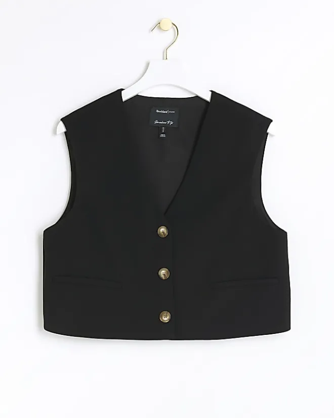 River Island Cropped Waistcoat Black Sale