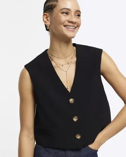 River Island Cropped Waistcoat Black Sale