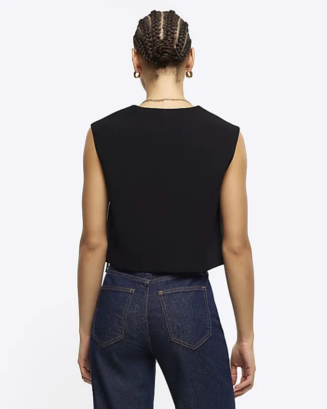 River Island Cropped Waistcoat Black Sale