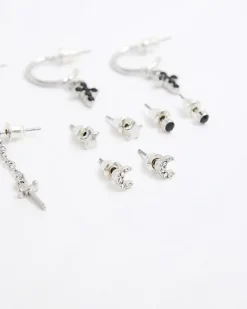 River Island cross stud and hoop earrings multipack Black Discount