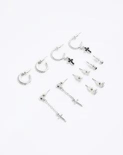 River Island cross stud and hoop earrings multipack Black Discount