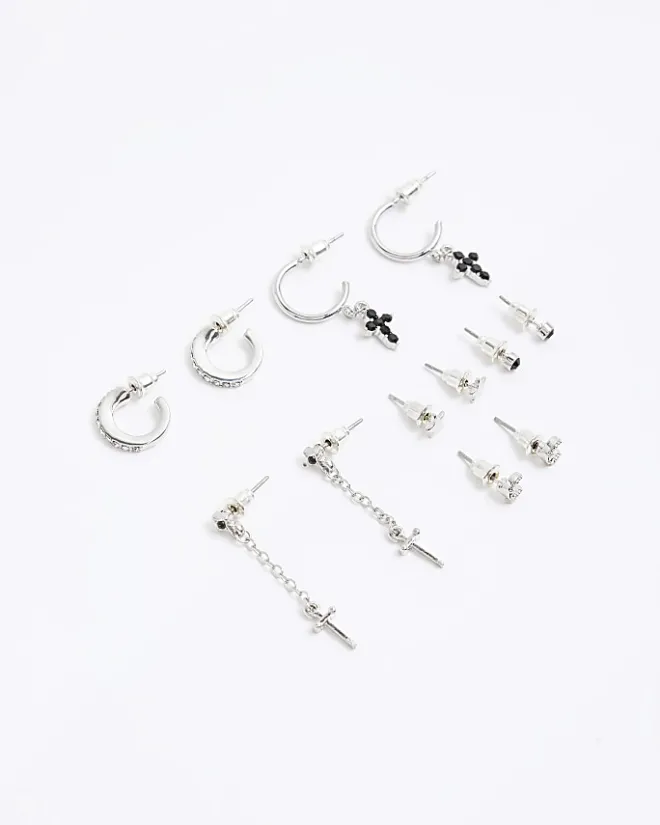 River Island cross stud and hoop earrings multipack Black Discount