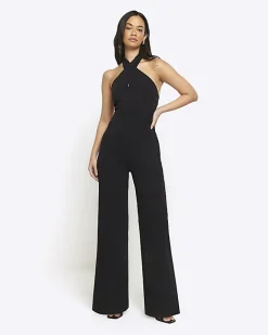 River Island crossed halter neck jumpsuit Black Fashion