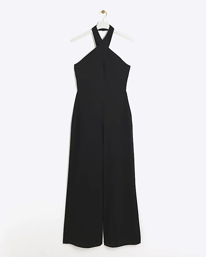 River Island crossed halter neck jumpsuit Black Fashion