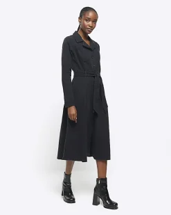 River Island denim belted midi shirt dress Black New