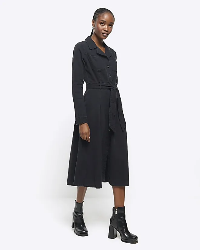 River Island denim belted midi shirt dress Black New