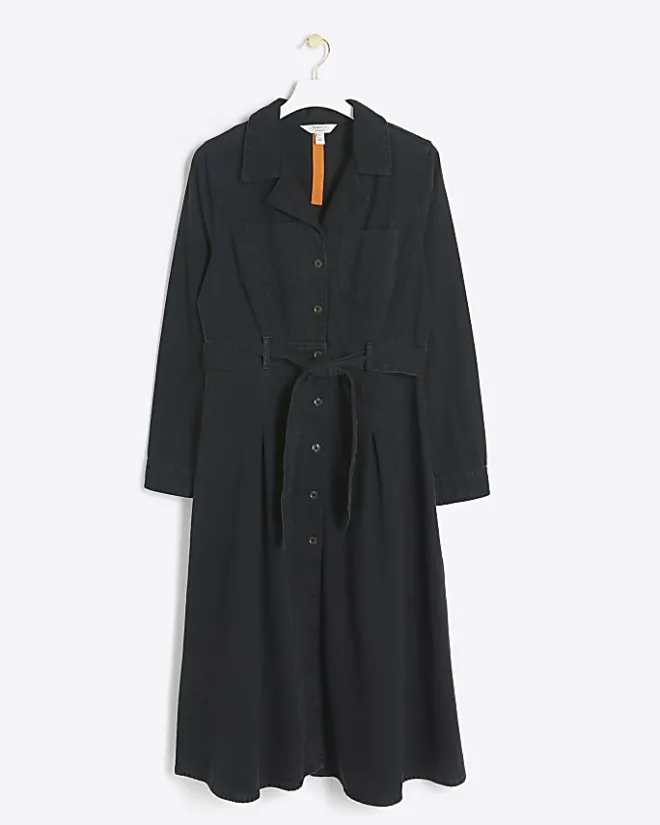 River Island denim belted midi shirt dress Black New