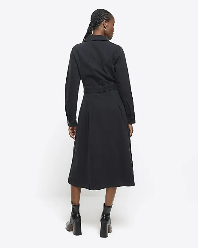 River Island denim belted midi shirt dress Black New