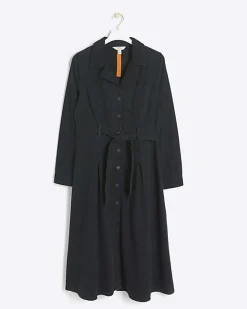 River Island denim belted midi shirt dress Black New