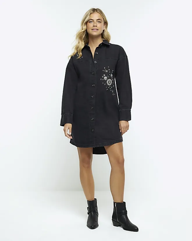 River Island Black denim embellished mini shirt dress Blue New