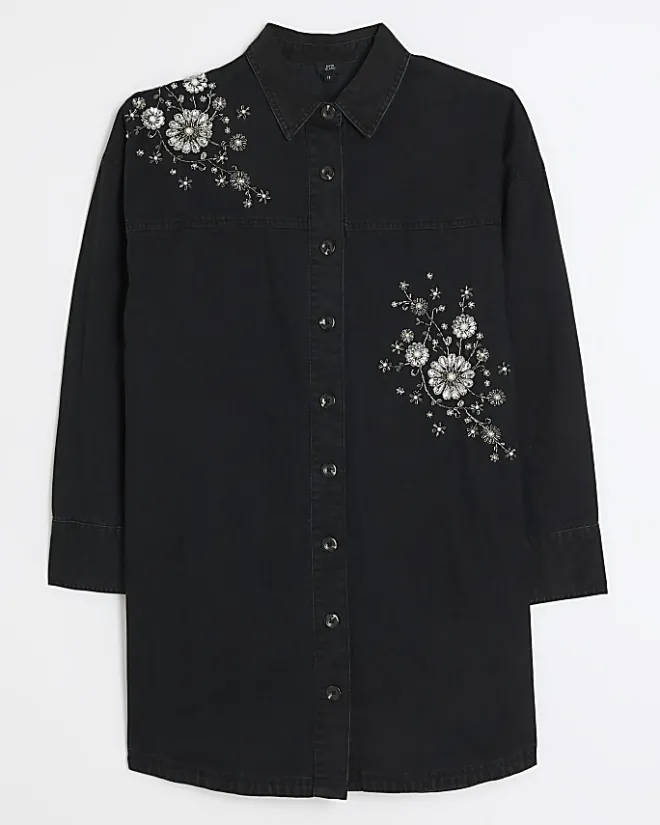 River Island Black denim embellished mini shirt dress Blue New