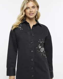 River Island Black denim embellished mini shirt dress Blue New