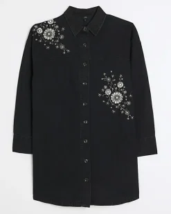 River Island Black denim embellished mini shirt dress Blue New