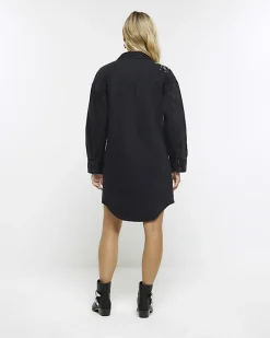 River Island Black denim embellished mini shirt dress Blue New