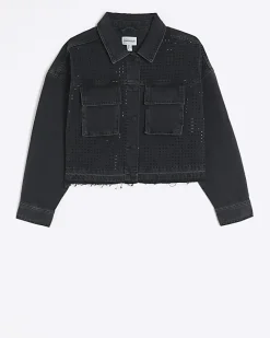 River Island diamante crop denim jacket Black Discount