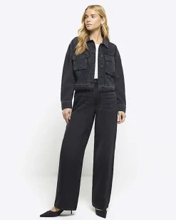 River Island diamante crop denim jacket Black Discount