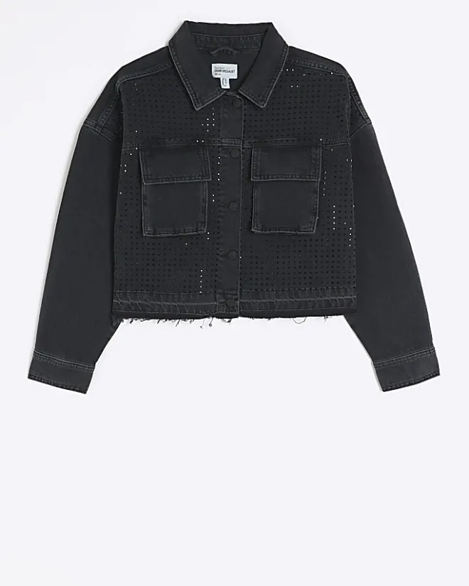 River Island diamante crop denim jacket Black Discount