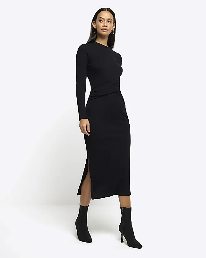River Island drape front bodycon midi dress Black New