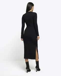 River Island drape front bodycon midi dress Black New