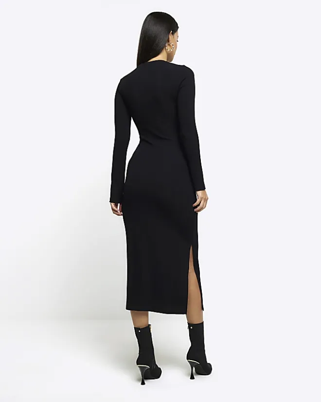 River Island drape front bodycon midi dress Black New