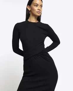 River Island drape front bodycon midi dress Black New