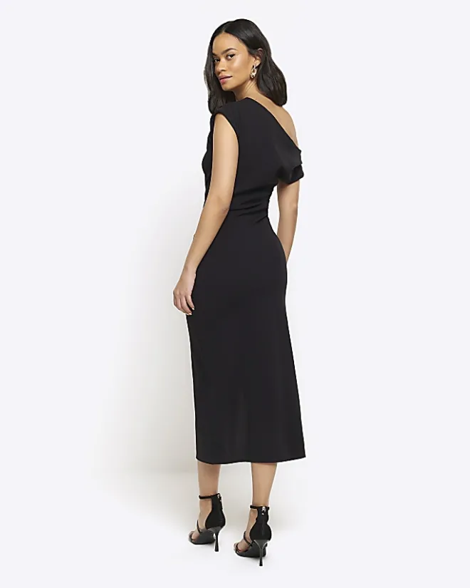River Island drape off shoulder bodycon midi dress Black Best