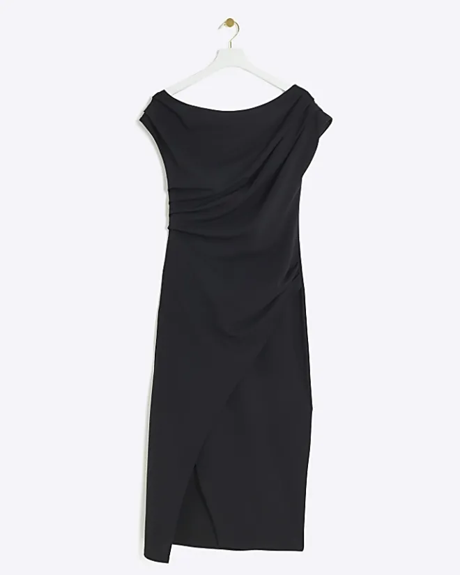 River Island drape off shoulder bodycon midi dress Black Best