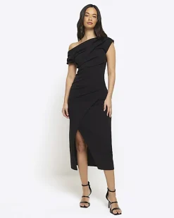 River Island drape off shoulder bodycon midi dress Black Best