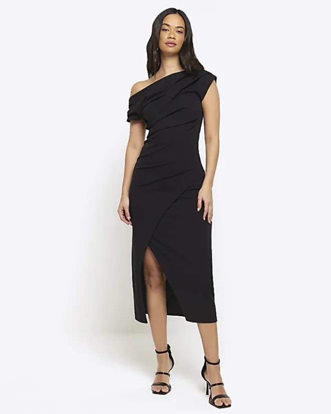 River Island drape off shoulder bodycon midi dress Black Best