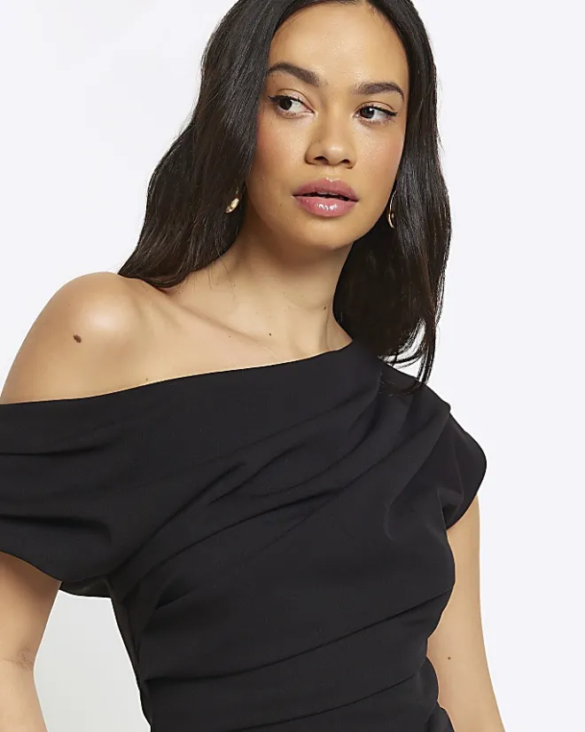 River Island drape off shoulder bodycon midi dress Black Best