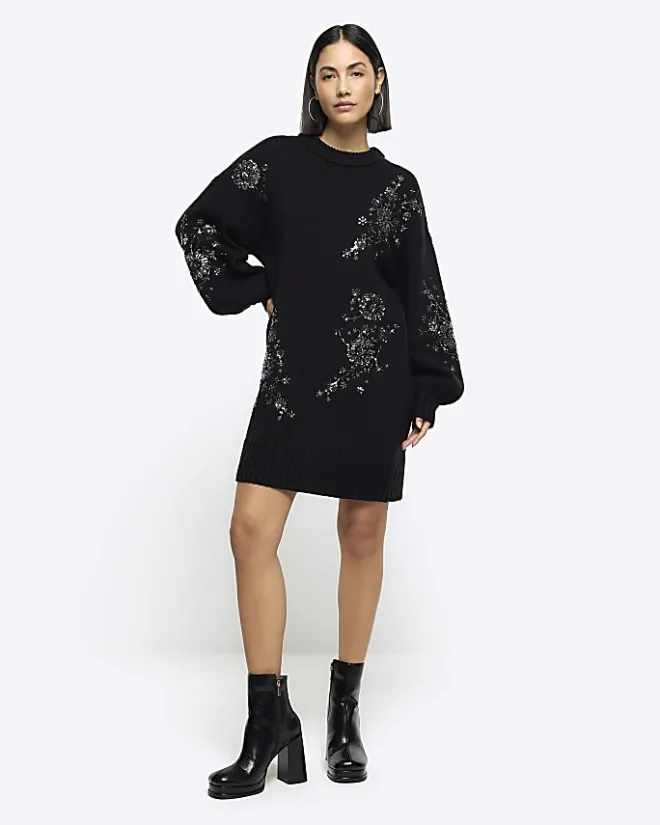River Island embellished jumper mini dress Black Fashion