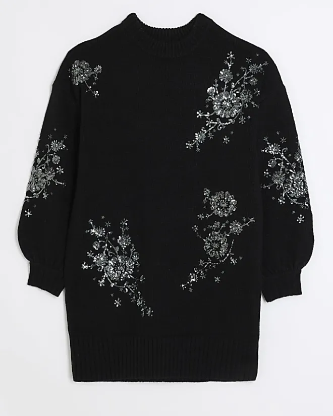 River Island embellished jumper mini dress Black Fashion