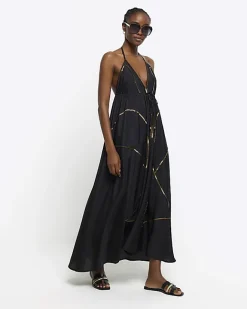 River Island embellished plunge beach maxi dress Black Best