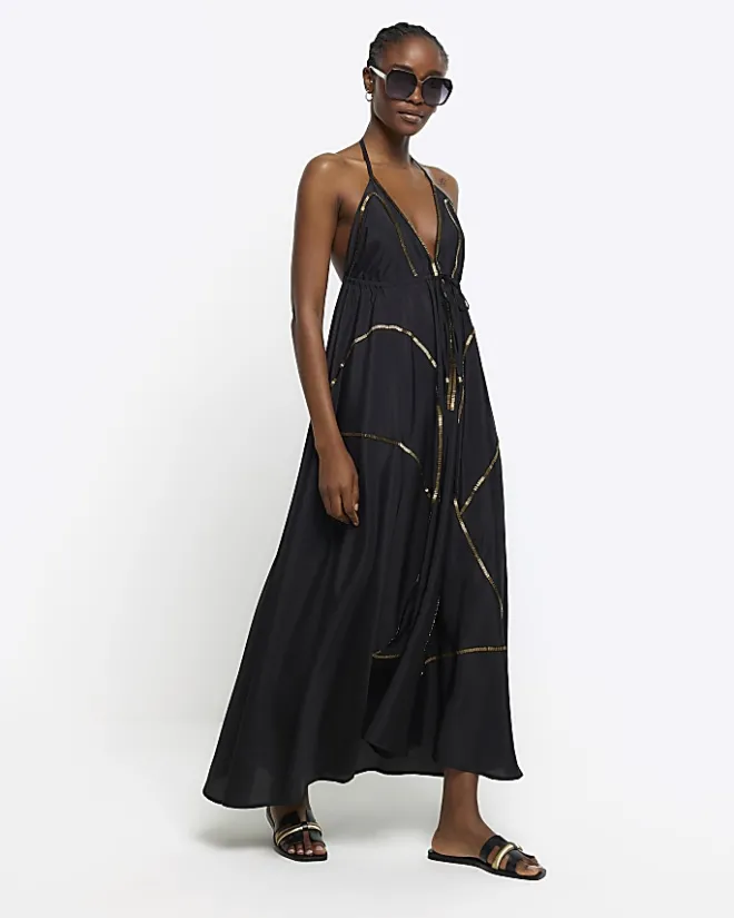 River Island embellished plunge beach maxi dress Black Best