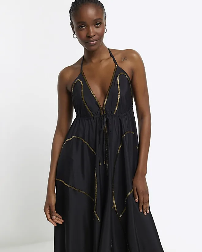 River Island embellished plunge beach maxi dress Black Best