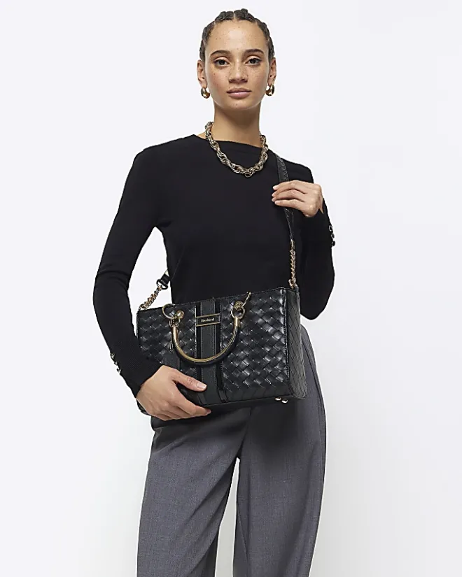 River Island embossed weave tote bag Black Sale