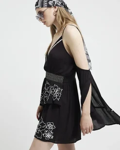 River Island embroidered cold shoulder playsuit Black Fashion