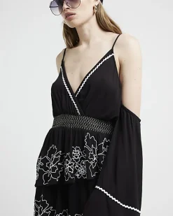 River Island embroidered cold shoulder playsuit Black Fashion