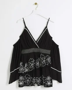 River Island embroidered cold shoulder playsuit Black Fashion