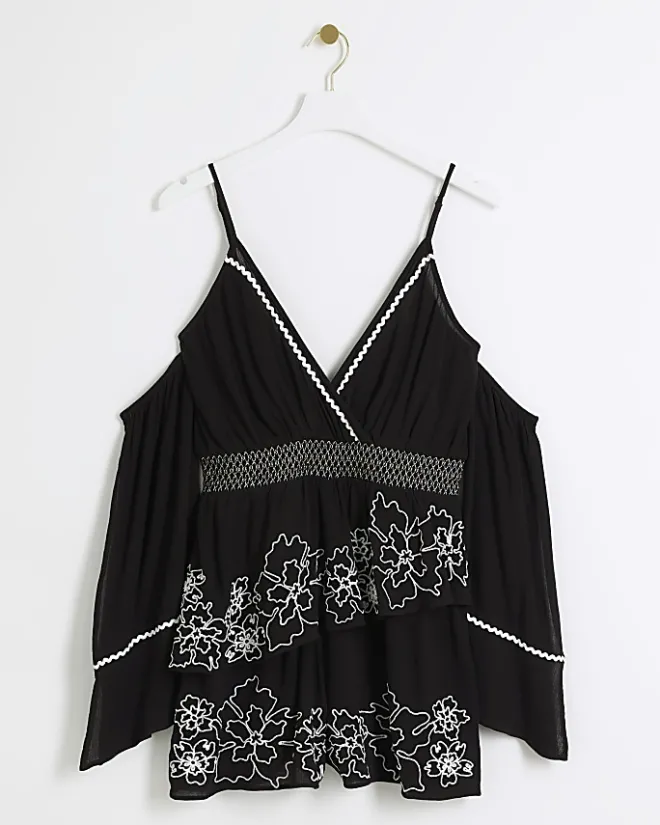 River Island embroidered cold shoulder playsuit Black Fashion