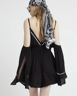 River Island embroidered cold shoulder playsuit Black Fashion